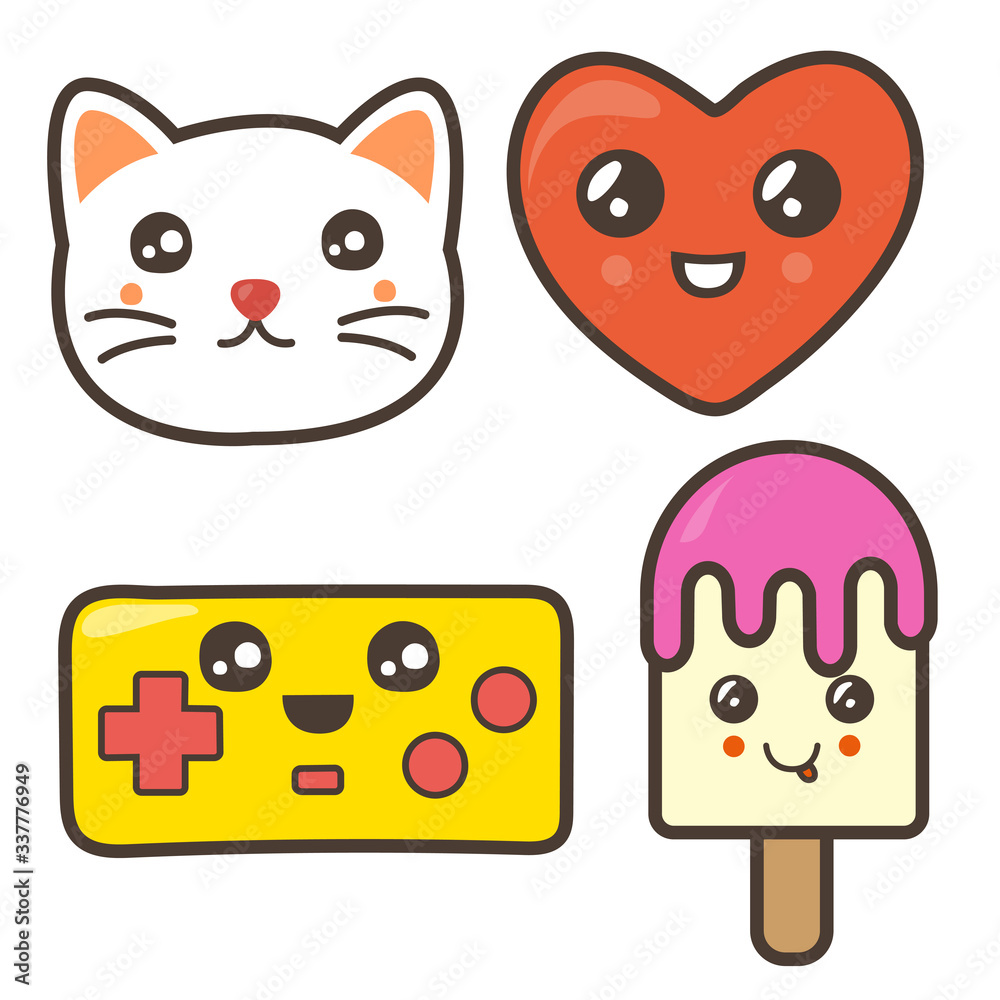 Set of funny pictures: cat, heart, controller, ice cream. Kawaii illustration.
