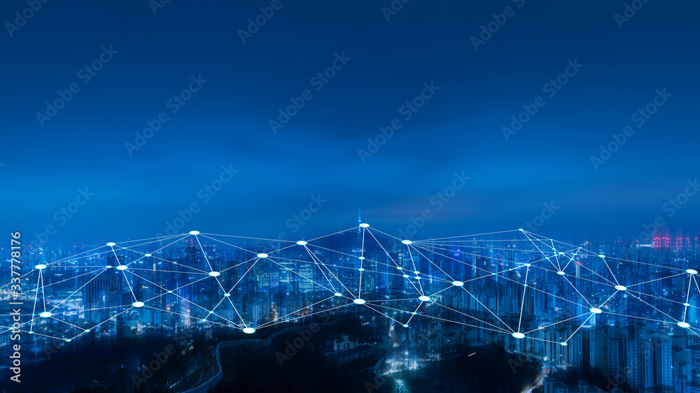 Wireless network and Connection technology concept with night cityscape of Seoul,South korea background