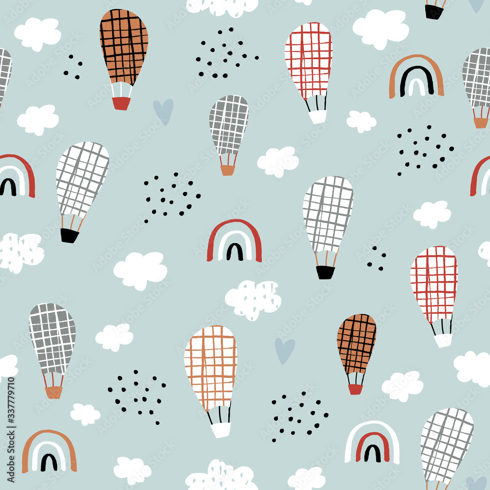 Seamless hand drawn pattern with hot air ballons, clouds and rainbows. Trendy modern texture for fabric, wallpaper, textile, apparel. Vector illustration