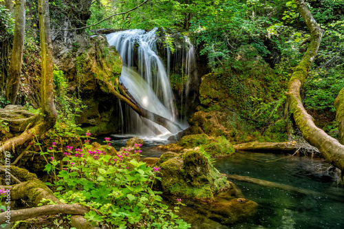 Fototapeta Naklejka Na Ścianę i Meble -  Long exposure of the beautiful La Vaioaga waterfall with green moss, Beusnita, Cheile Nerei National Park, Caras Severin, Romania