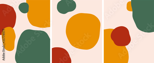 Organic shapes nordic abstract art, poster vector set, green red and yellow