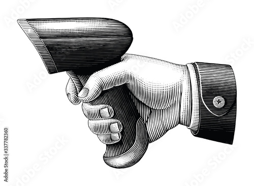 Hand holding barcode scanner drawing vintage style black and white clip art isolated on white background