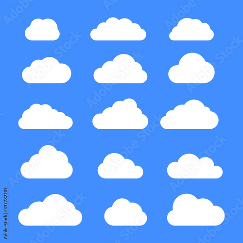 Set of clouds in blue sky. Cloud icon shape. Collection of different clouds, label, symbol. Graphic vector design element for logo, web and print.