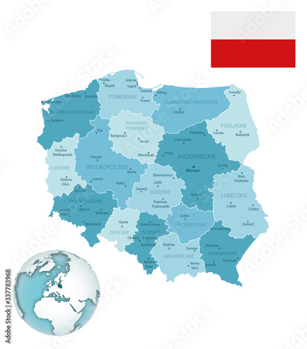 Poland administrative blue-green map with country flag and location on a globe.