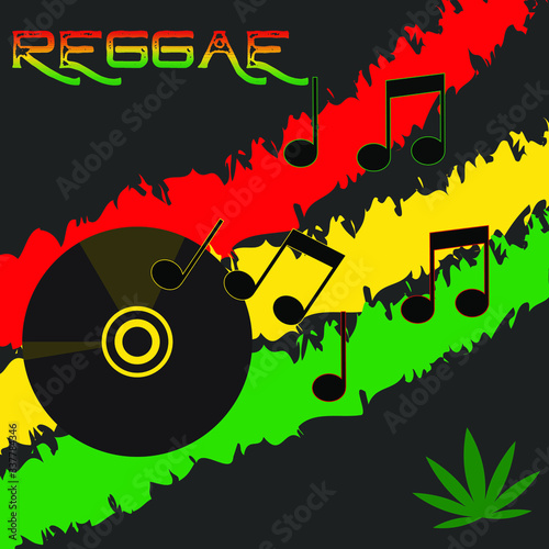 illustration in reggae style and colors with a record, notes and a hemp leaf