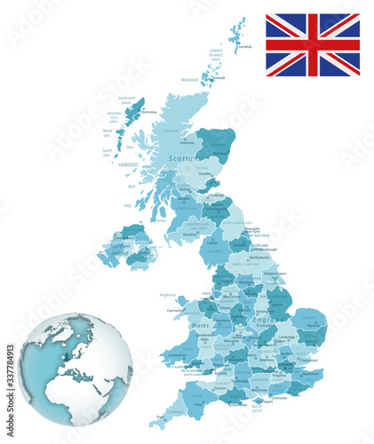 United Kingdom administrative blue-green map with country flag and location on a globe. Vector illustration