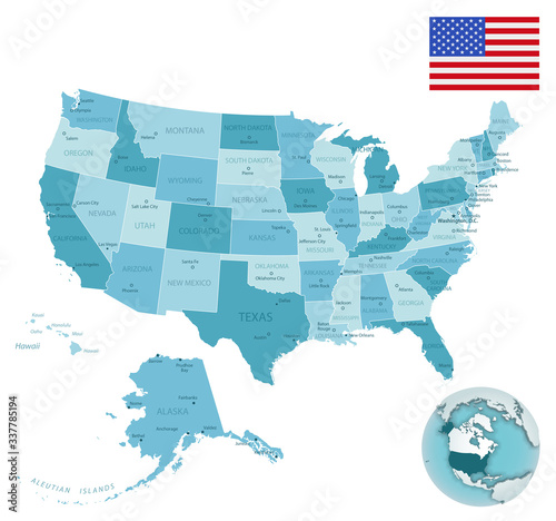 USA administrative blue-green map with country flag and location on a globe. Vector illustration