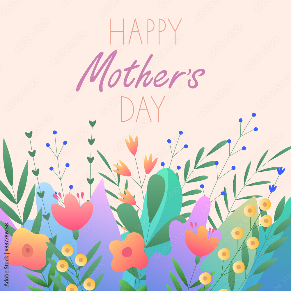 Greeting card Happy Mothers Day. Vector illustration with flowers, twigs and beautiful text on a light orange background. Nice postcard for your holiday. Greeting card Happy Mothers Day. Vector illustration with flowers, twigs and beautiful text on a light orange background. Nice postcard for your holiday.