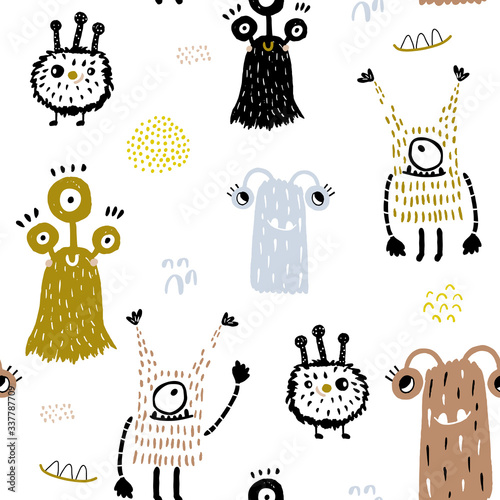 Childish seamless pattern with creative monsters. Funny monsters vector background. Perfect for kids apparel, textile, fabric.
