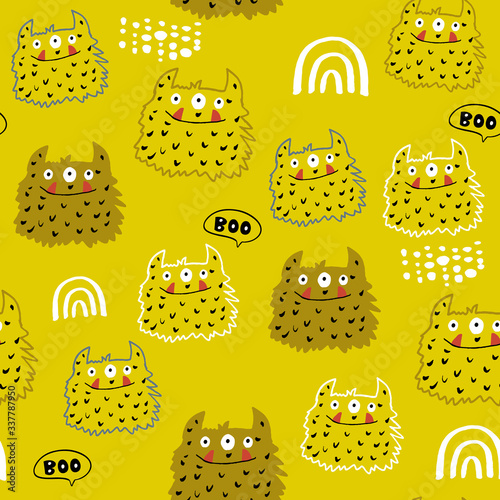 Childish seamless pattern with creative monsters. Funny monsters vector background. Perfect for kids apparel, textile, fabric.
