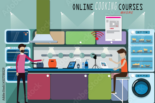 Flat design of making realtime video concept,A man is staying at home and cooking for online course - vector