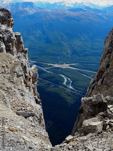 V shape rock view towards Bow Valley  and Trans Canada Highway at the summit of Castle Mountain, Banff National Park Canada  OLYMPUS DIGITAL CAMERA © James