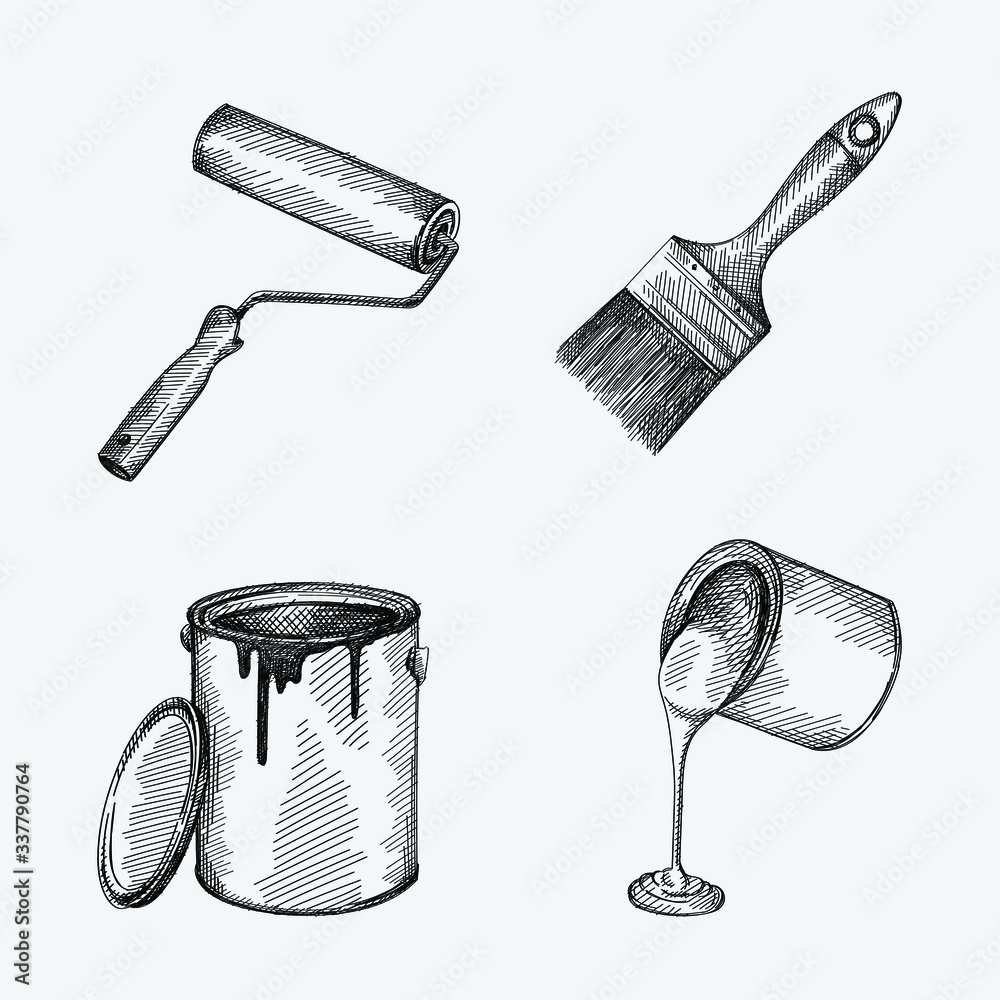 Handdrawn sketch set of tools for painting walls. Set includes a wall