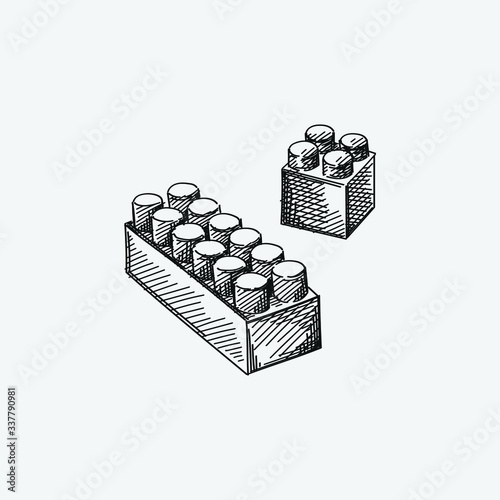 Hand-drawn sketch of constructor/Bricks piece on a white background. Toys for small children. Educational toys for toddlers.