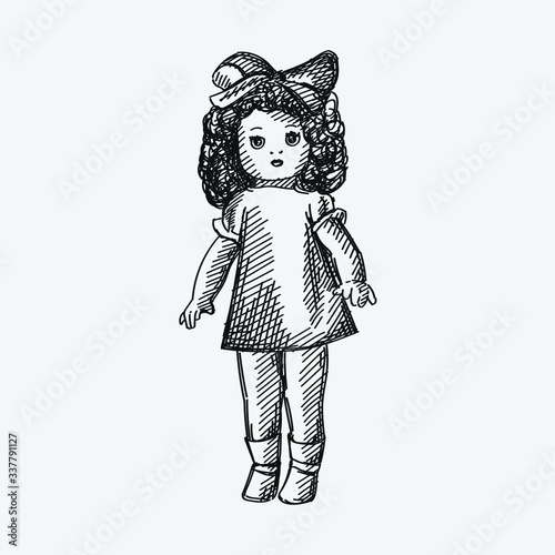 Hand-drawn sketch of a vintage doll on a white background. Toys for small children. Educational toys for toddlers. 