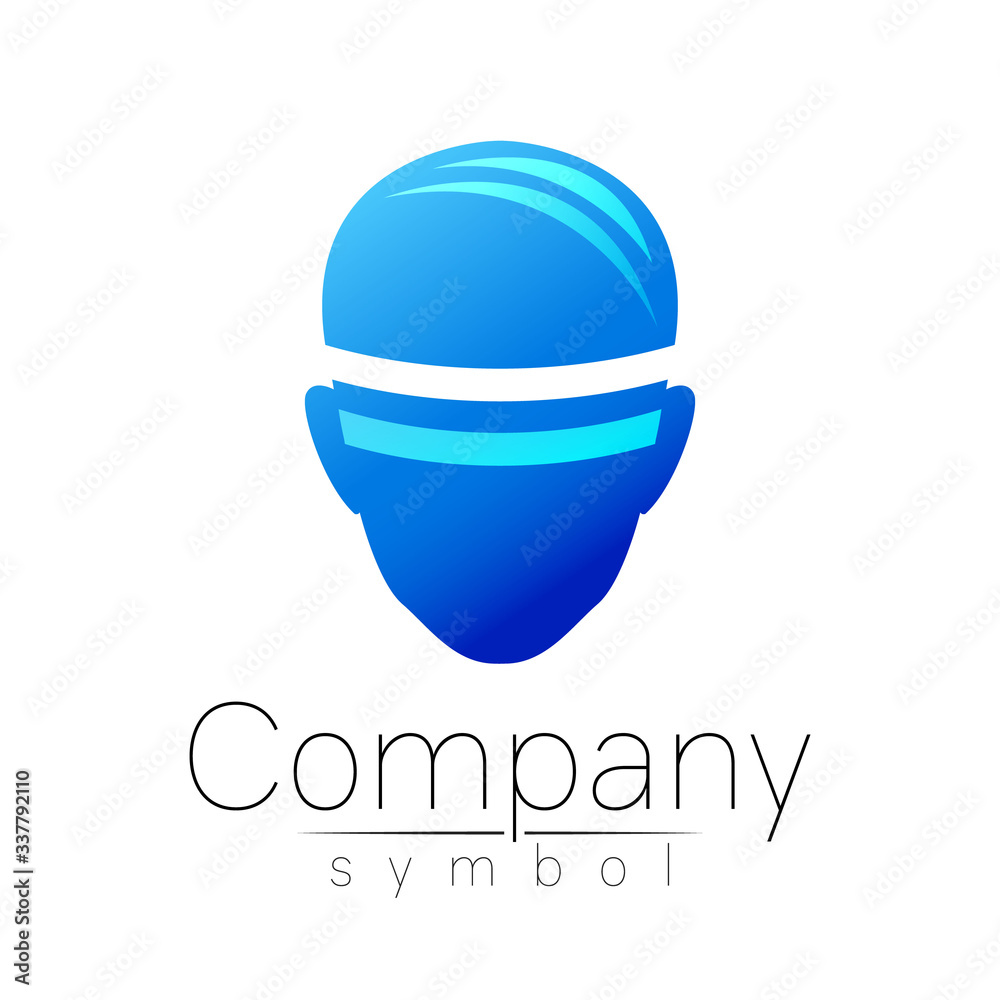 Vector symbol of human head. Person face. Blue color isolated on white. Concept sign for business, science, psychology, medicine, VR, technology. Creative sign design Man silhouette. Modern logo