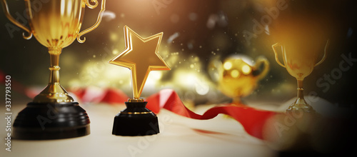 close up golden star trophy award with falling confetti and ribbon. copy space for text. 3d rendering.