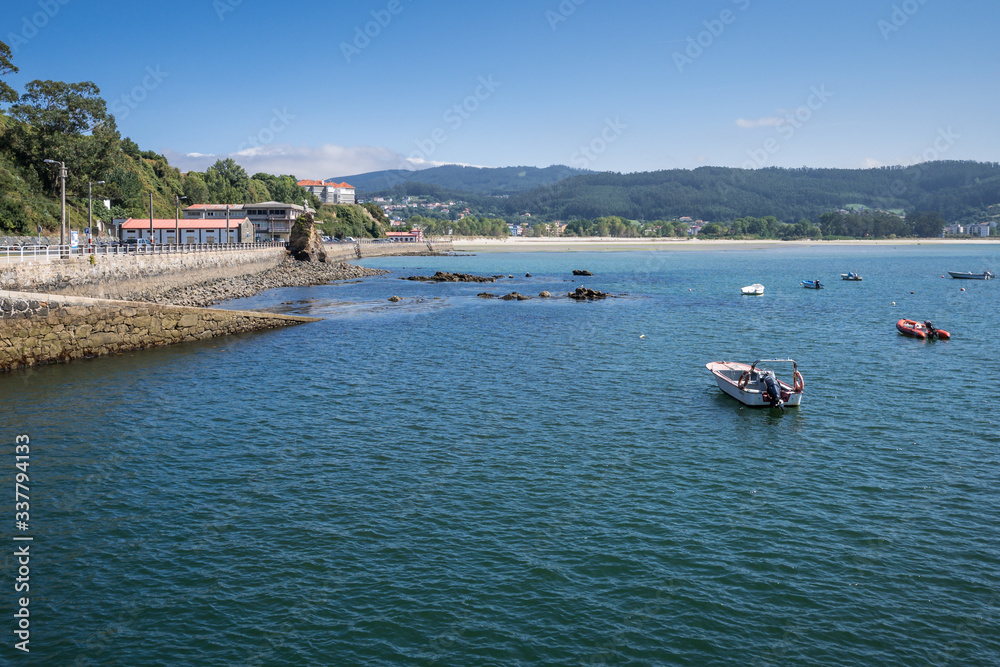 View from the port towards La Magdalena Beach in Cedeira, Rias Altas, La Coruna, Galicia, Spain