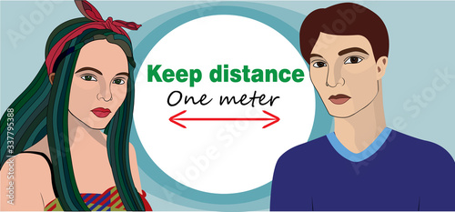 vector illustration of a guy and a girl, against coronavirus, rules for protection against coronavirus, social distance