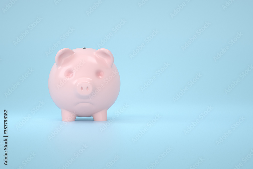 Pink piggy sad Bank stands on a blue background on the left there is an empty space for the text.