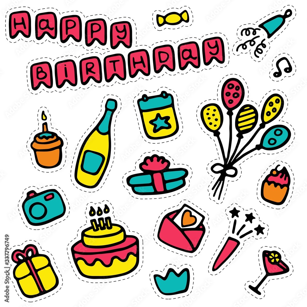 Fototapeta premium Sticker pack. Birthday, party, wedding. Hand-drawn icons. Vector