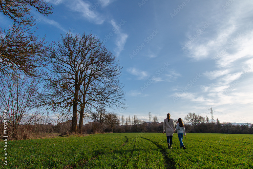 Two sisters walk on the field on a sunny day Two sisters walk on the field on a sunny day