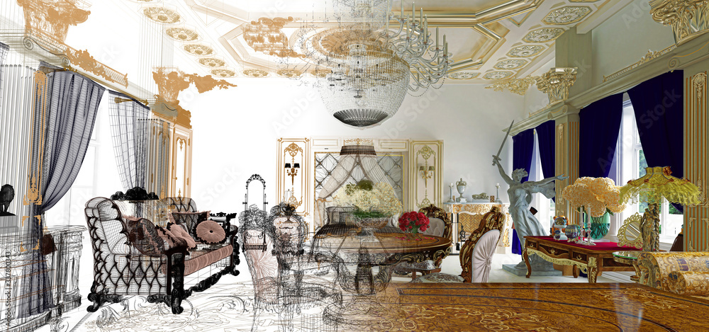 Wireframe luxuriously decorated rococo style room, bedroom, Byzantine gold and sculptures, draft, 3d rendering, 3d illustration