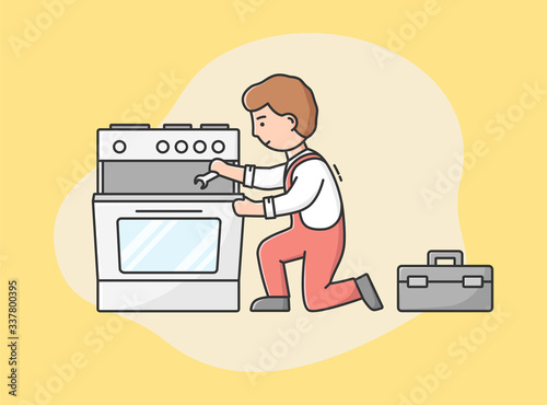Concept Of Master Call, Appliances Service. Professional Worker Repairman Fixes Gas Stove Oven. Character Repairs Broken Appliances By Tools At Home. Cartoon Linear Outline Flat Vector Illustration