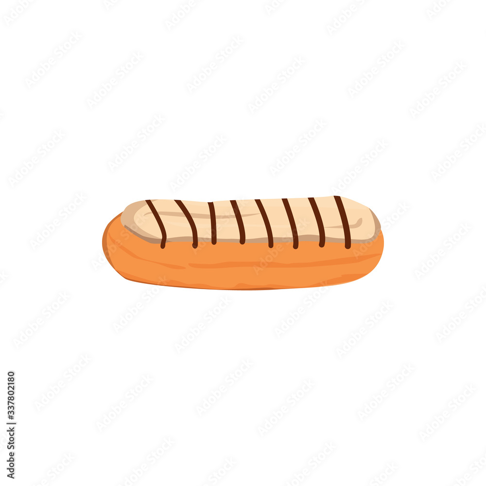 Isolated eclair vector illustration. Tasty dessert. Bread baked food. Bakery shop, pastry. illustration in flat style Isolated eclair vector illustration. Tasty dessert. Bread baked food. Bakery shop, pastry. illustration in flat style