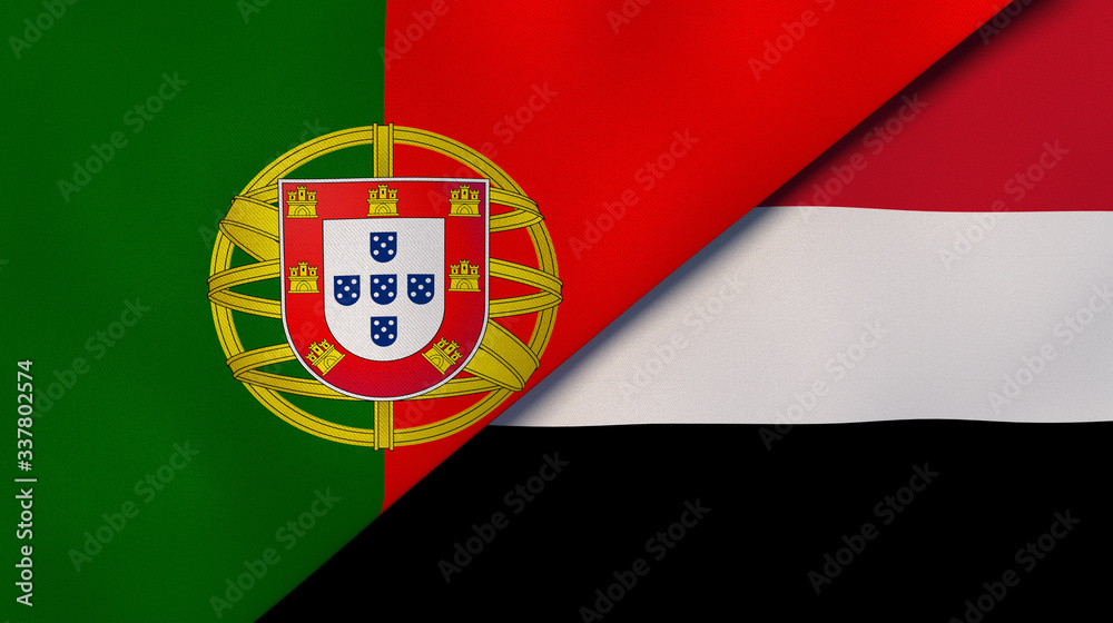 The flags of Portugal and Yemen. News, reportage, business background. 3d illustration