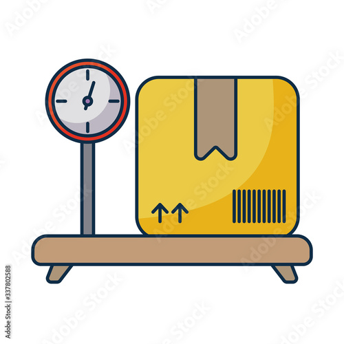 cardboard box over industrial cargo weight scale on white background