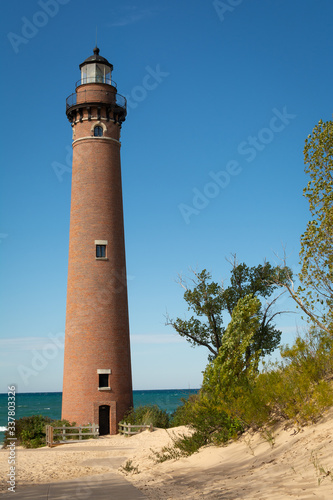 lighthouse  little sable  lake michigan  tourism  michigan  america  architecture  autumn  backdrop  background  beach  blue  blue sky  brick  building  coastal  coastline  destination  explore  fall 