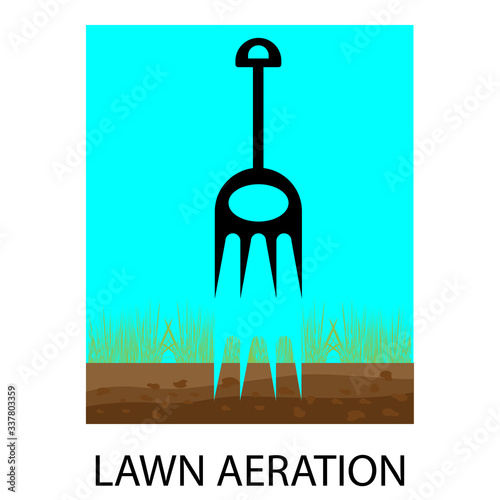 Lawn aeration. Process of lawn aeration. Aerator. Gardening grass lawn care, landscaping service. Vector illustration