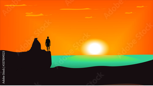 Abstract Stock vector illustration of morning time calm sea coast mountain. A man standing on mountain and view sea and sun rising