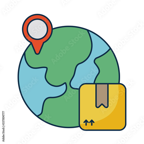 planet earth with cardboard box on white background