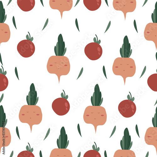 Vegetables funny seamless pattern. Vector illustration tomatos radish. Trendy flat style design seamless pattern stock vector illustration for wrapping paper, textile, wallpaper, textile 