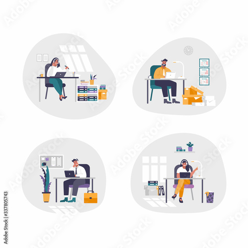 Set of 4 isolated people - Concept customer service. Flat design. Online global technical support. Vector illustration, help, assistance. People chating with headsets.