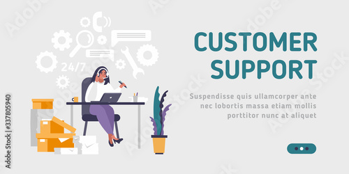 Landing page template customer and operator, online technical support 24-7 for web page. Vector illustration male hotline operator advises client. Online assistant.