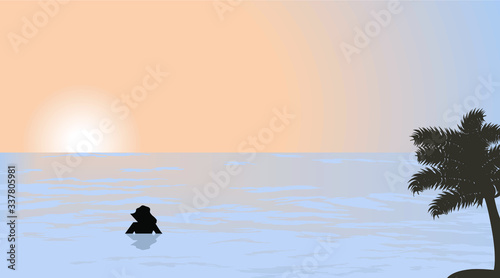 Vector illustration of a women bathing in sea water in calm morning time