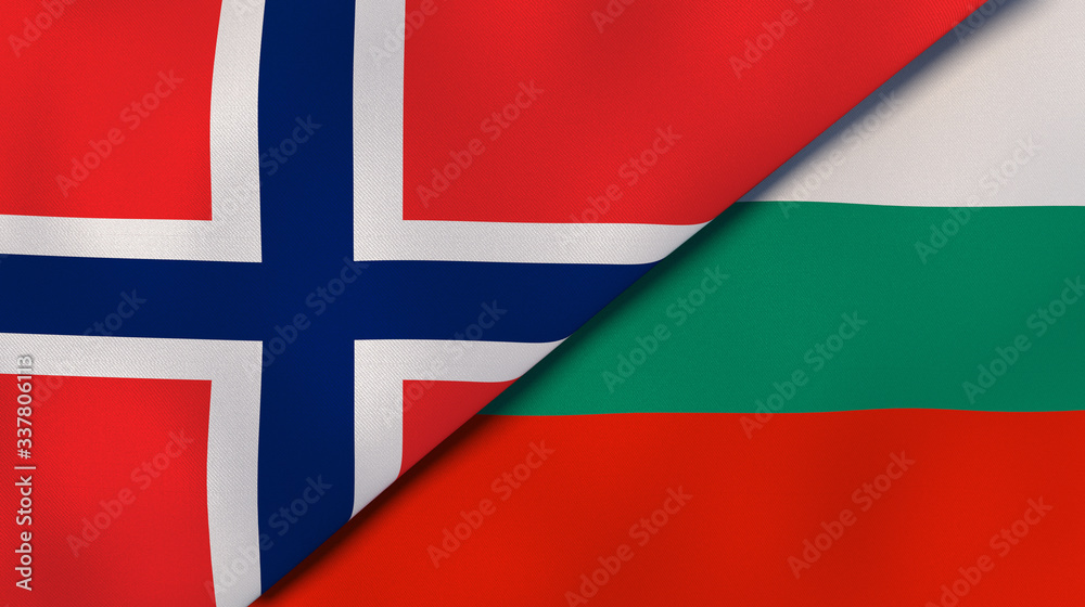 Fototapeta premium The flags of Norway and Bulgaria. News, reportage, business background. 3d illustration