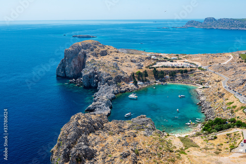 Aerial view on sea bay near Lindos town at Rhodes island, Greece