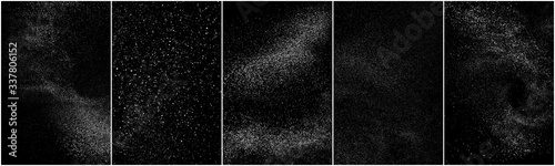 Set of distressed white grainy texture. Dust overlay textured. Grain noise particles. Snow effects pack. Rusted black background. Vector illustration, EPS 10.   