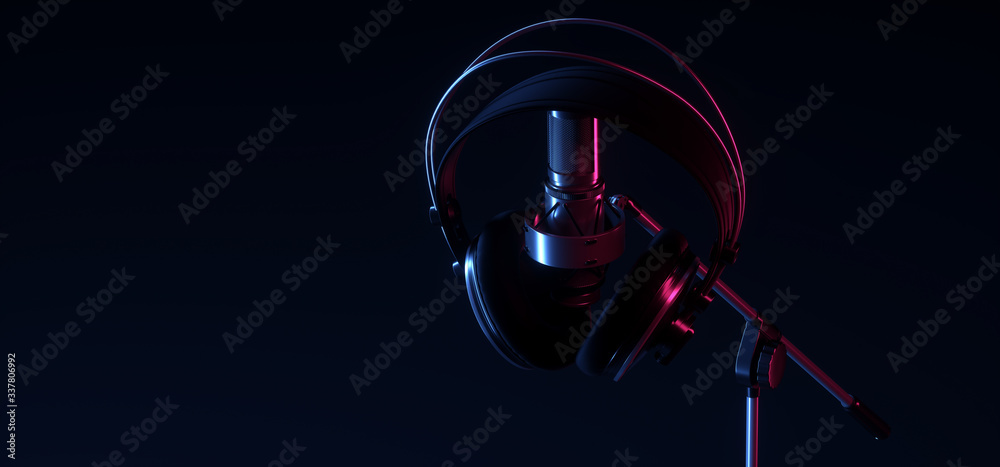 Podcast Studio Music Headphones Microphone On Empty Plain Dark Background  Glowing Neon Purple Blue Techno Club Lights Space 3D Rendering Stock  Illustration | Adobe Stock