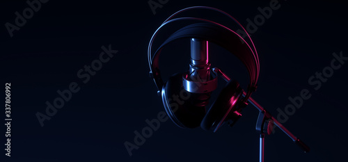Podcast Studio Music Headphones Microphone On Empty Plain Dark Background Glowing Neon Purple Blue Techno Club Lights Space 3D Rendering