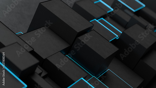 3d render black random blocks of cubes with a blue neon glow and a black stroke. Abstract background.