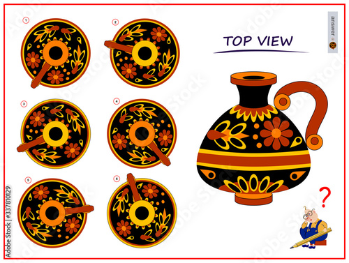 Logic puzzle game for children and adults. Need to find correct top view of vase. Printable page for brain teaser book. Developing spatial thinking skills. IQ training test. Vector cartoon image.