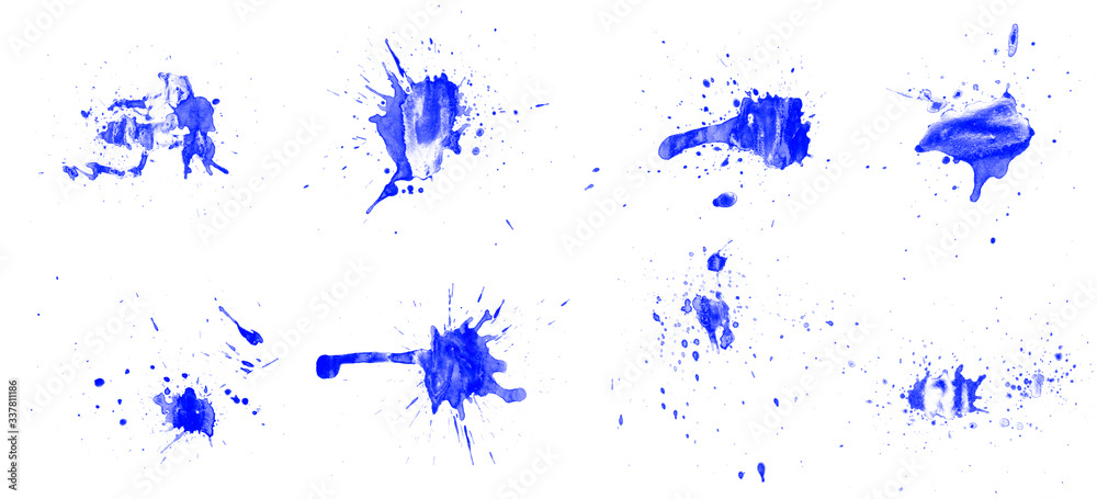 Beautiful set of blue vector paint splash and drops brushes