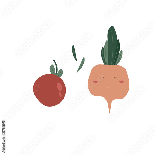 Vegetables funny set Vector illustration tomatos and radish. Trendy flat style design seamless pattern stock vector illustration for wrapping paper, textile, wallpaper, textile 