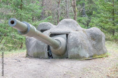 cannon stands on the shores of the Baltic Sea Sweden as a memory of the Cold War, selective focus