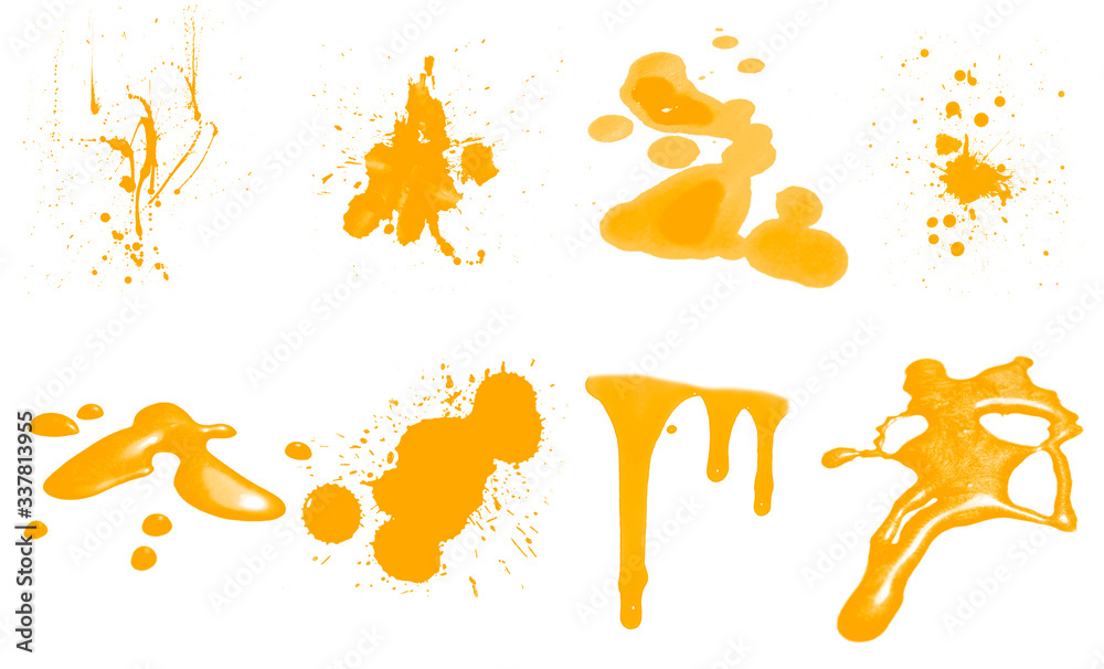 Fototapeta premium Set of yellow splash, drops and stains paint brushes. Beautiful paint brushes. Paint illustration
